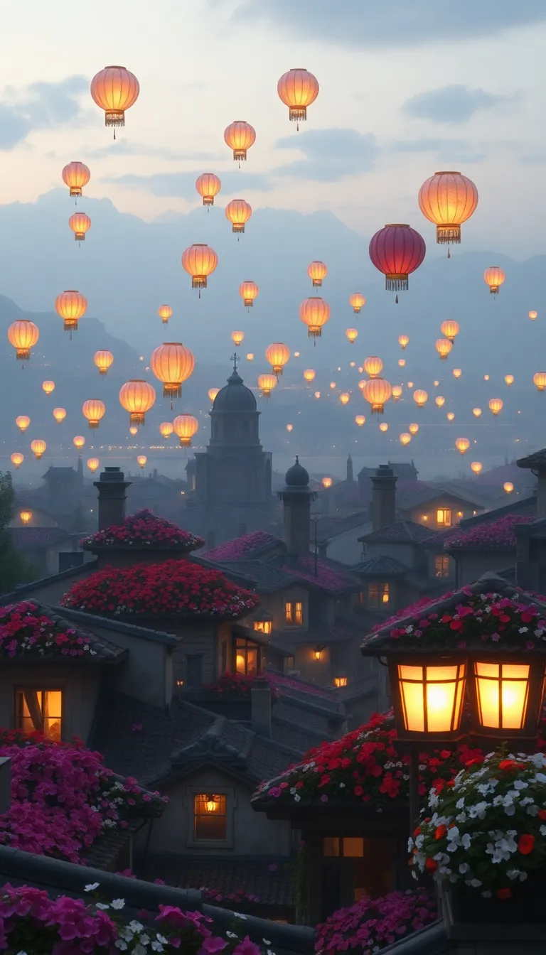 A picturesque village lit up by hot air balloons at night.