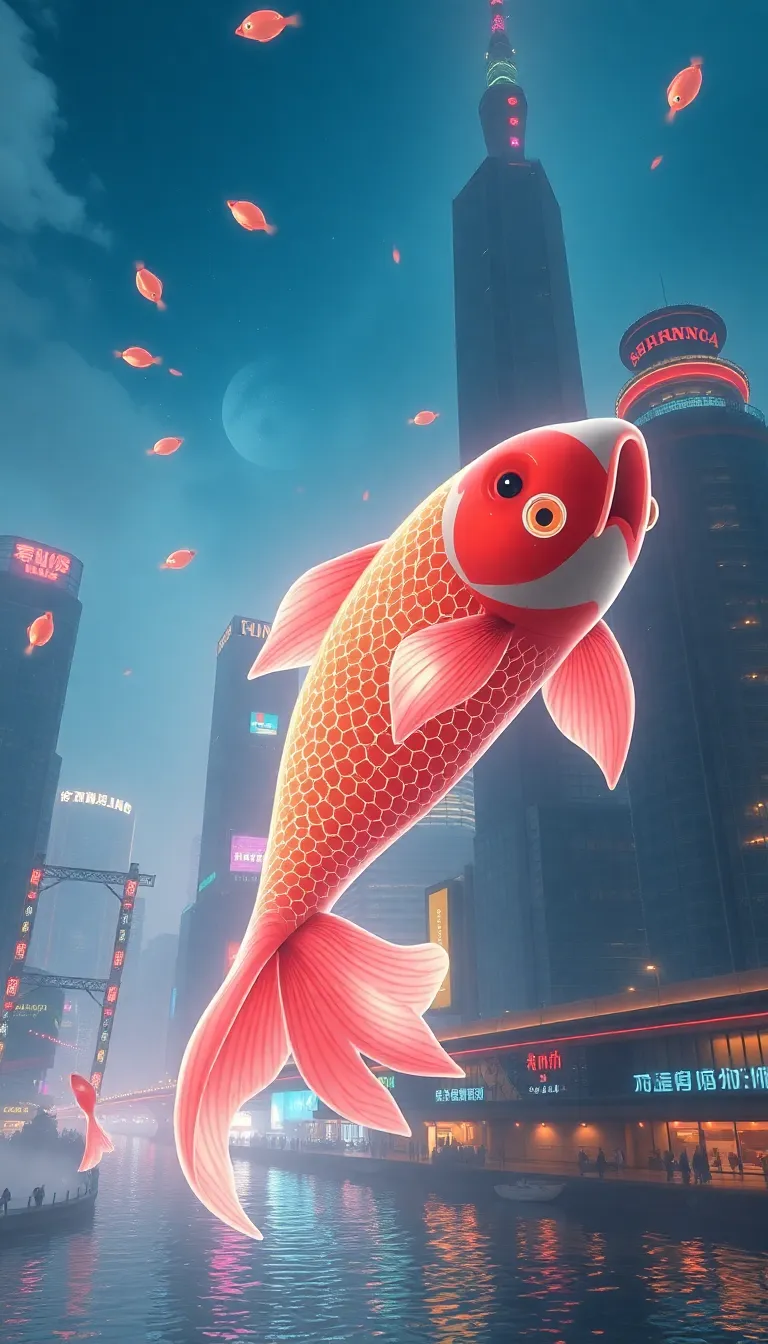 A surreal scene with a giant goldfish swimming above a city.