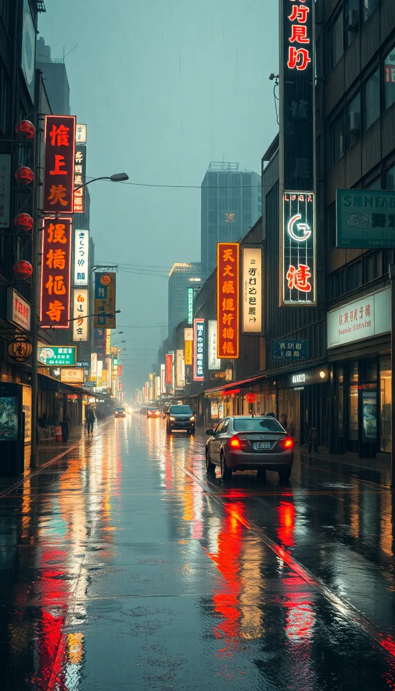 A bustling city street with neon lights reflecting on wet pavement.