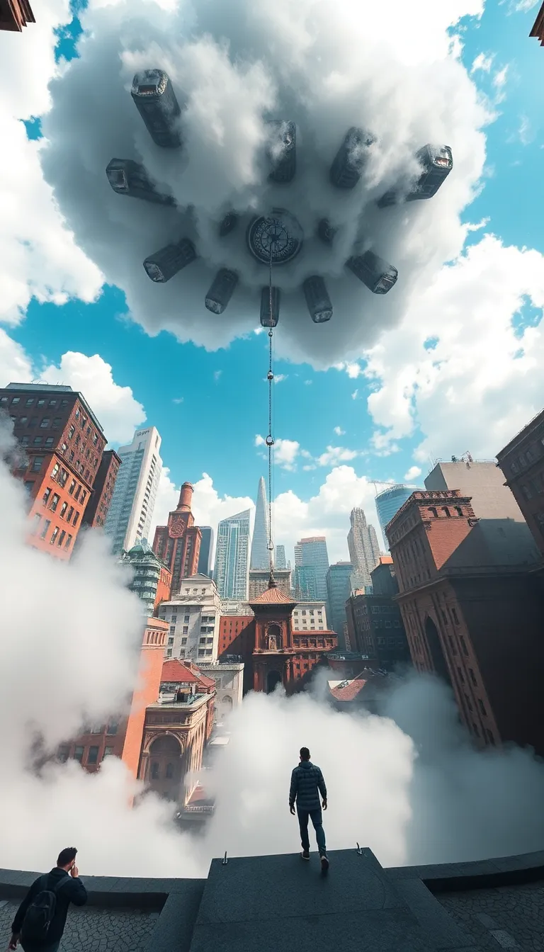 A surreal scene with a man looking out at a city made of clouds.