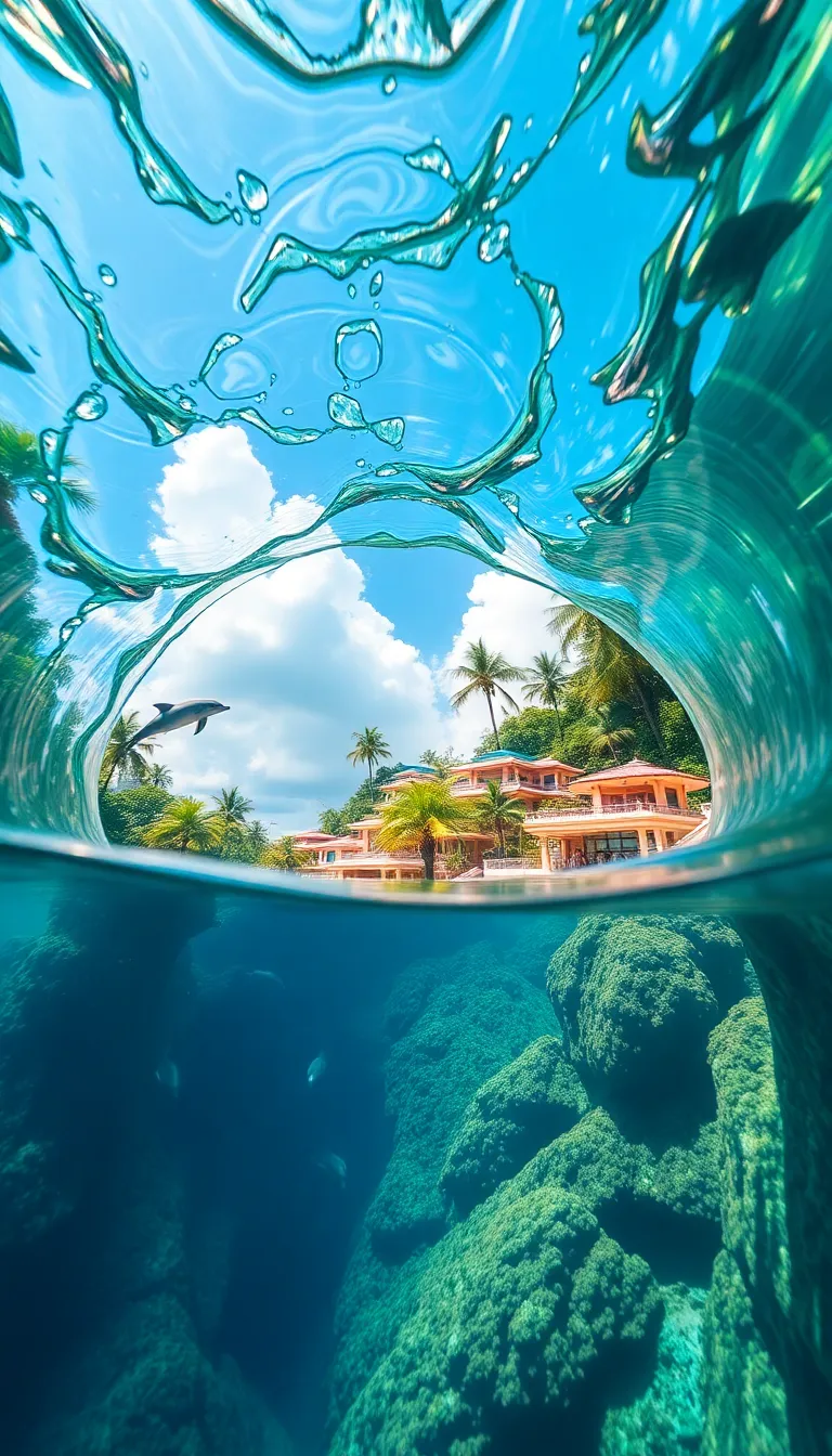 A tropical island with a waterfall flowing into the ocean.