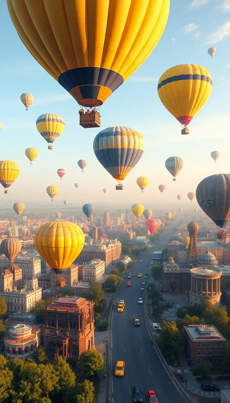 A breathtaking view of a city with colorful hot air balloons floating above it.