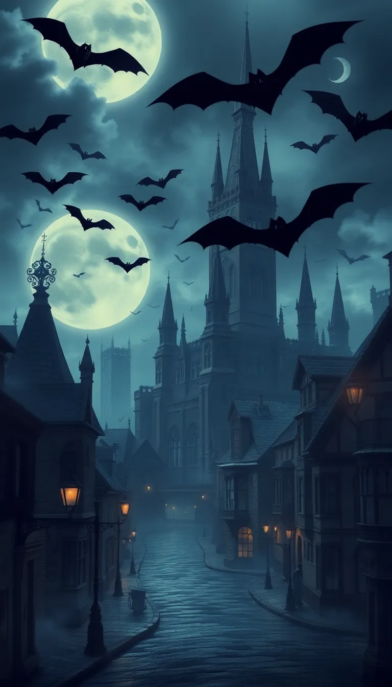 A spooky Halloween scene with a gothic castle, bats flying, and a full moon.