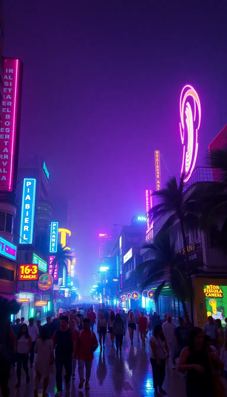 A neon-lit city street with a river or canal running through it.