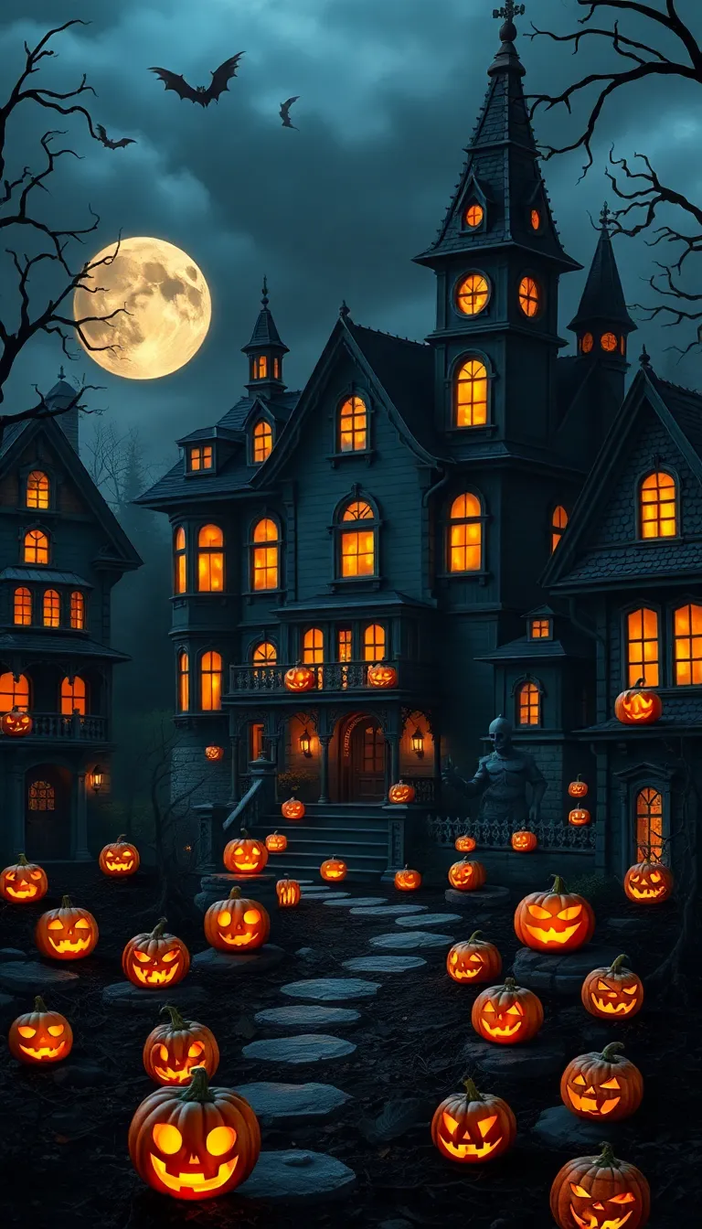 A Halloween-themed city street with lit-up pumpkins and a spooky atmosphere.