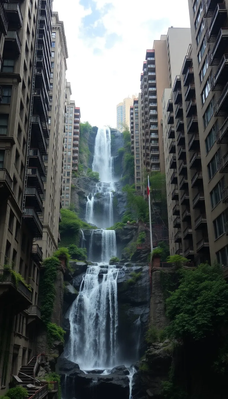 A waterfall cascading through a ruined cityscape.