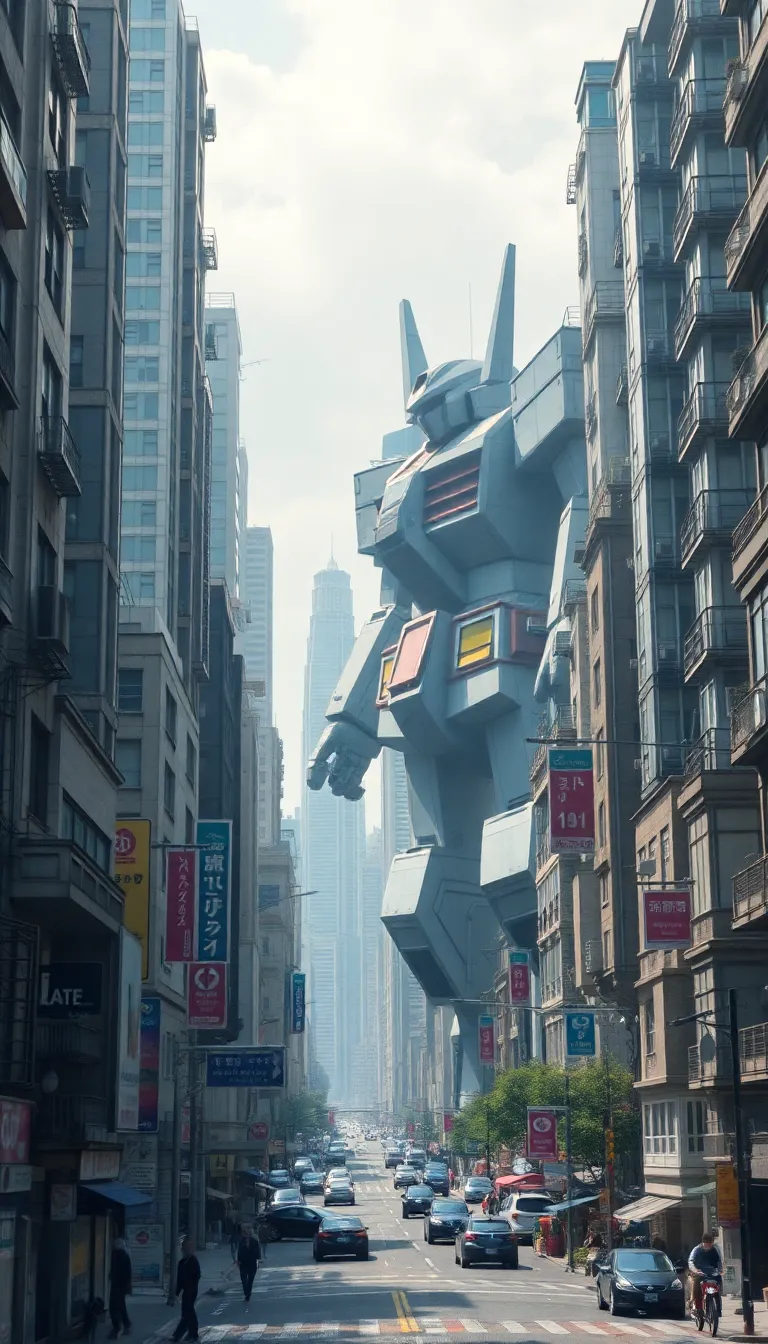 A giant robot walking through a futuristic city street.