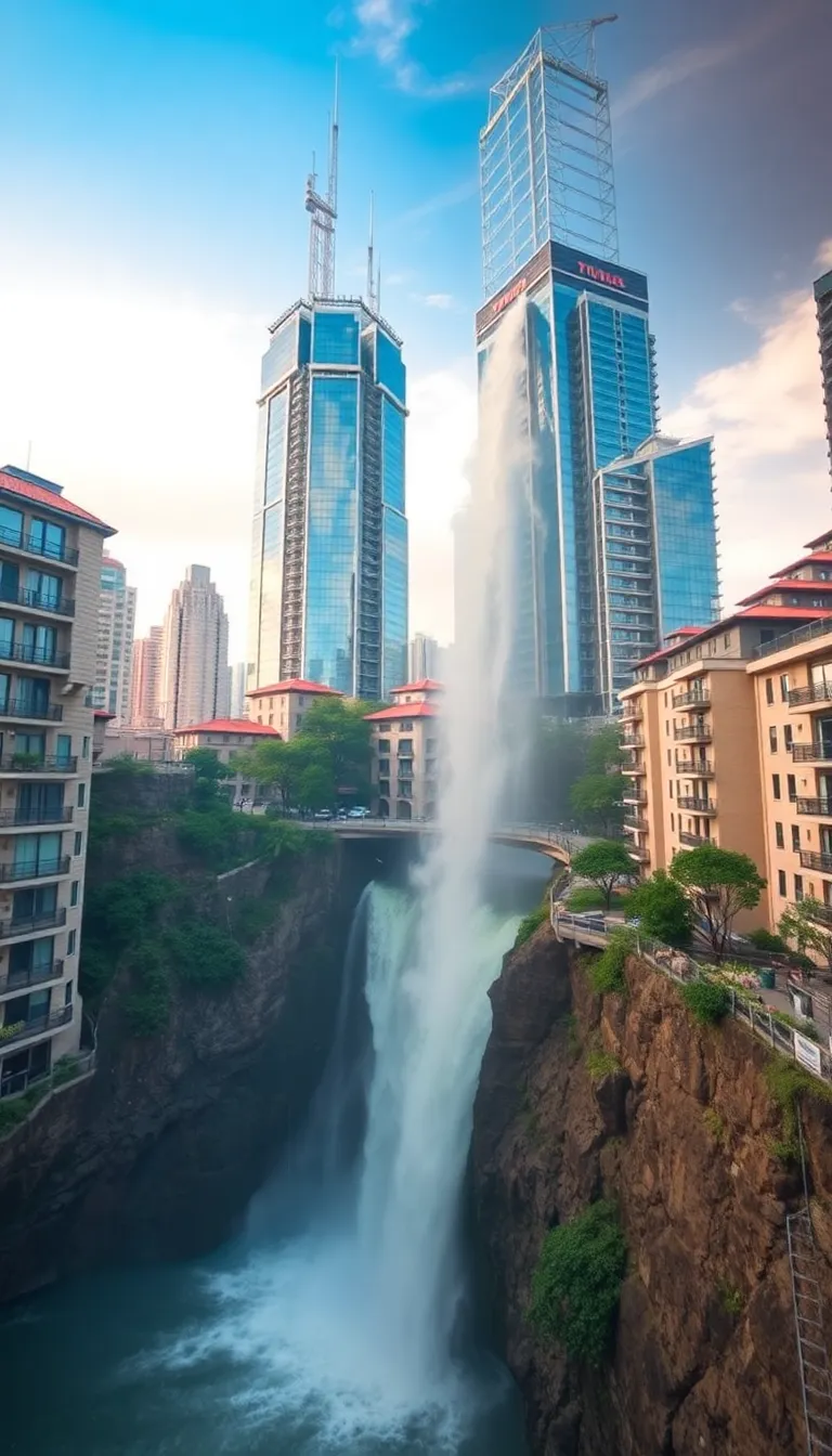 A waterfall crashing down through the middle of a modern city.