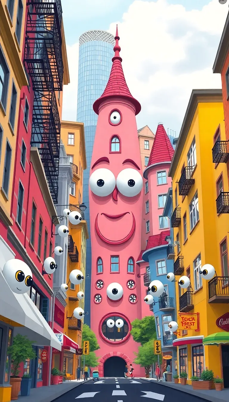 A colorful and whimsical street with cartoon-like buildings.