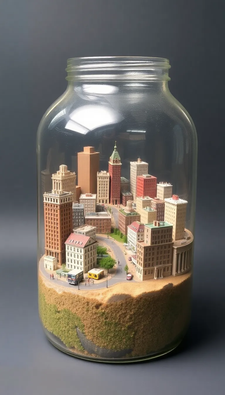 A miniature cityscape trapped inside a glass jar.