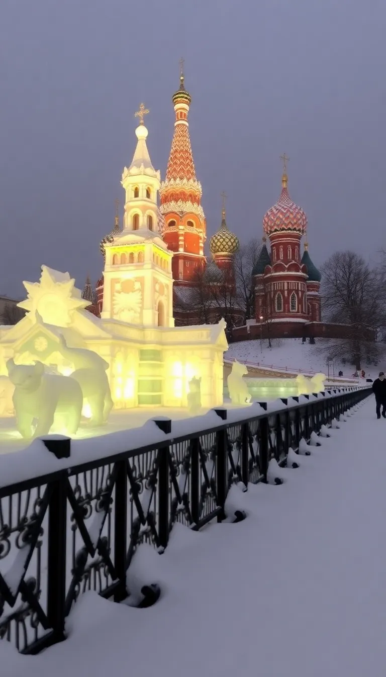 A snow-covered church with colorful lights at night.