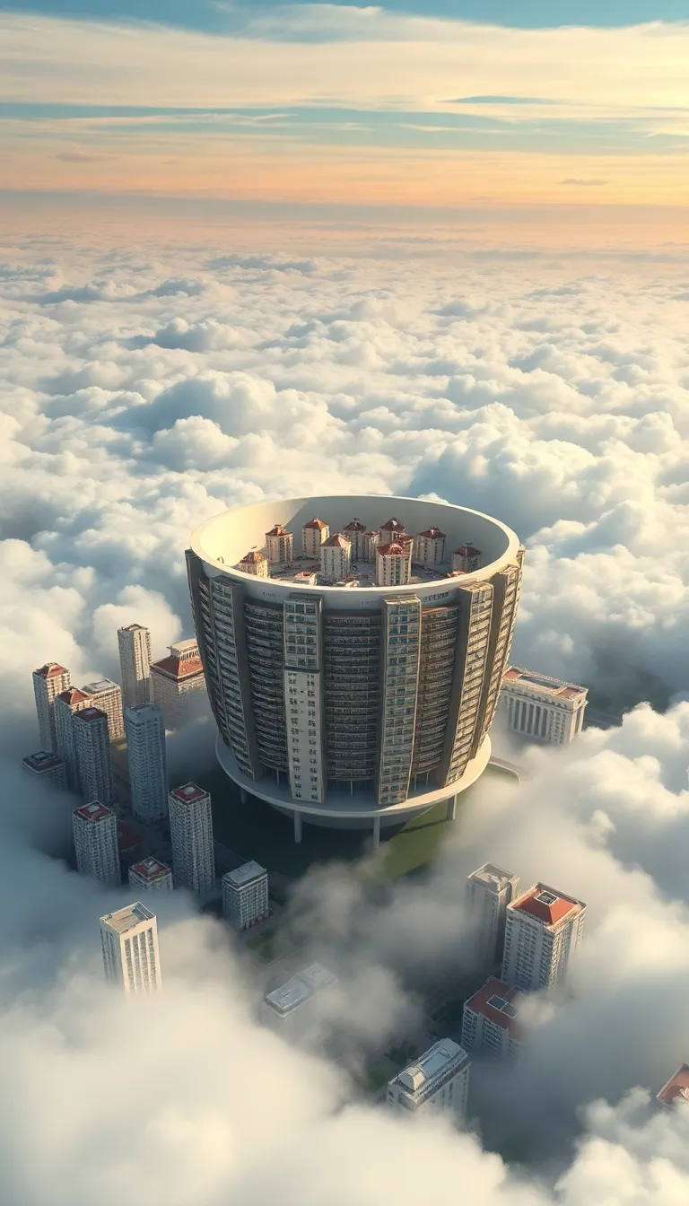 A futuristic city built on a cloud, with a circular structure and a beautiful sunset.