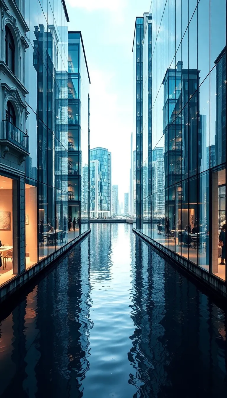 A futuristic cityscape with tall, reflective buildings and a bridge crossing a narrow waterway.