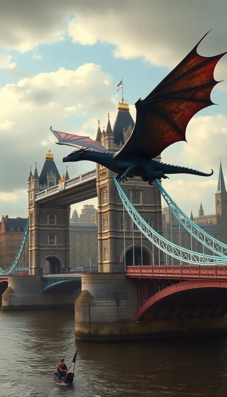 A fantasy scene with a dragon perched on top of London Bridge.