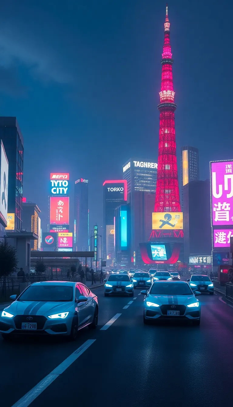 A bustling city street at night with neon lights and a towering skyscraper.