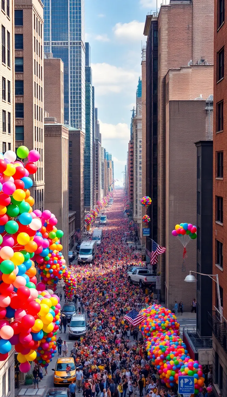 A bustling city street with a vibrant parade of colorful balloons.