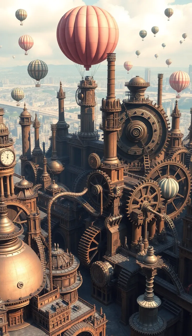 A surreal steampunk city with hot air balloons floating above intricate gears and clockwork mechanisms.