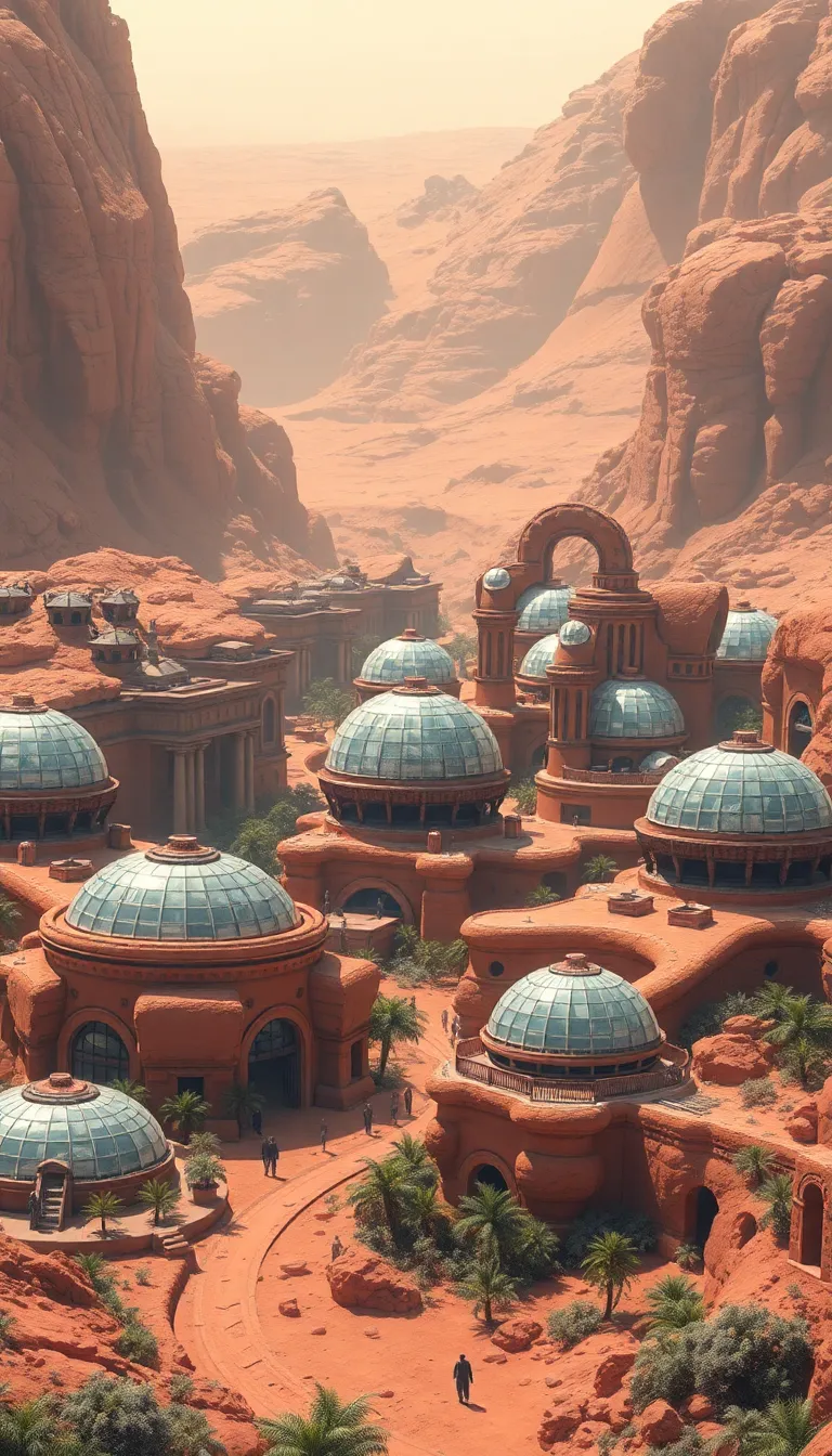 A desert landscape with a futuristic city of domed buildings.