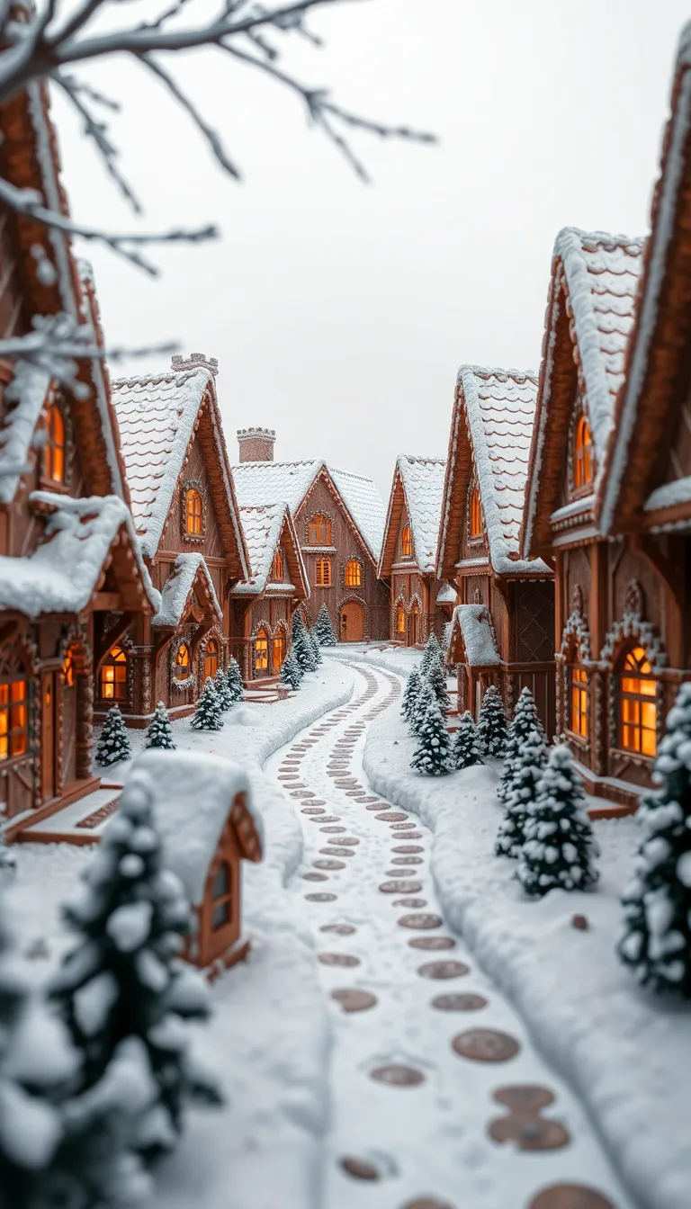 A snowy street in a charming town with old buildings and footprints in the snow.