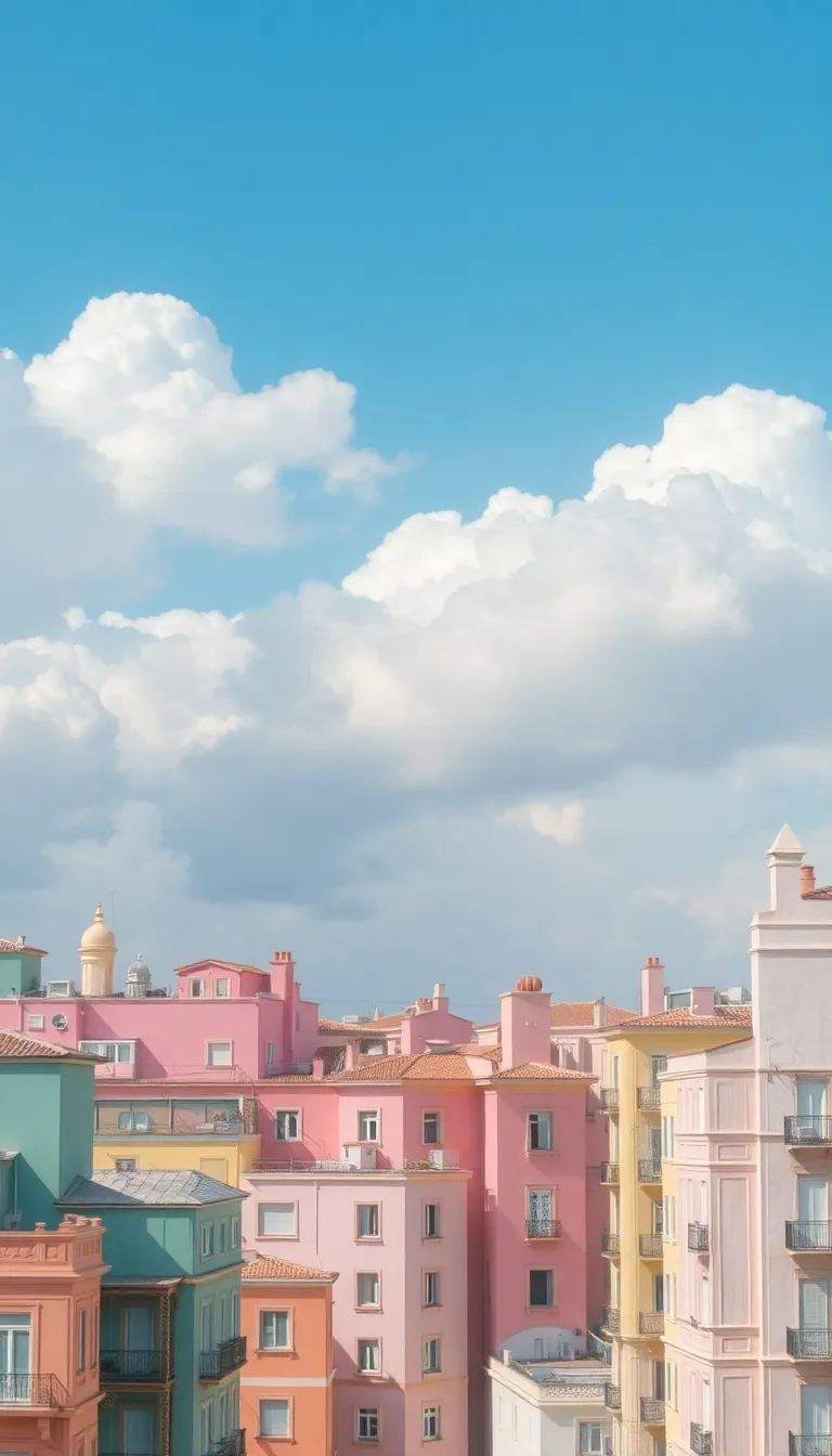 A colorful seaside town with pastel-colored buildings and a clear blue sky.