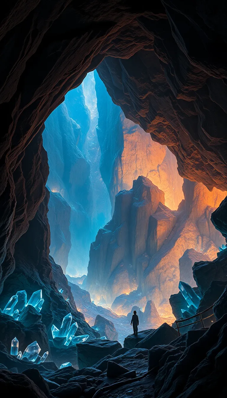 A breathtaking view of a crystal cave with glowing blue light.