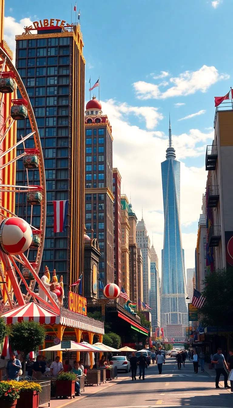 A bustling city street with tall skyscrapers and a ferris wheel in the background.