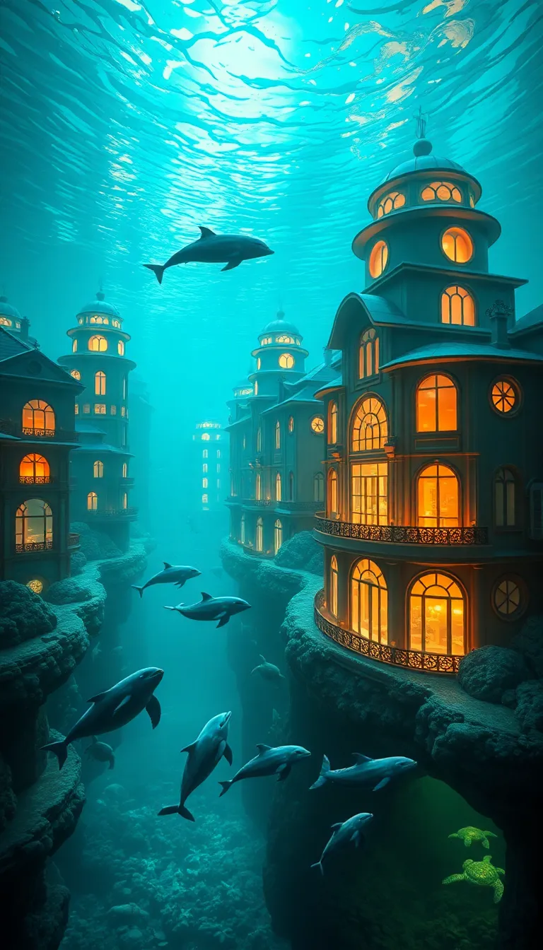 A city built underwater with glowing lights and fish swimming around.