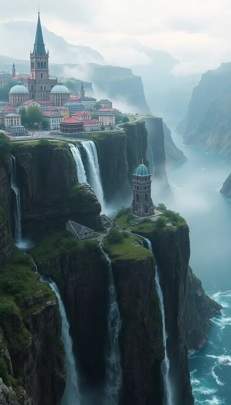 A hidden village nestled among waterfalls and misty mountains.