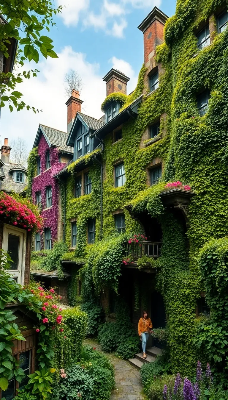 A charming street lined with houses covered in lush greenery.