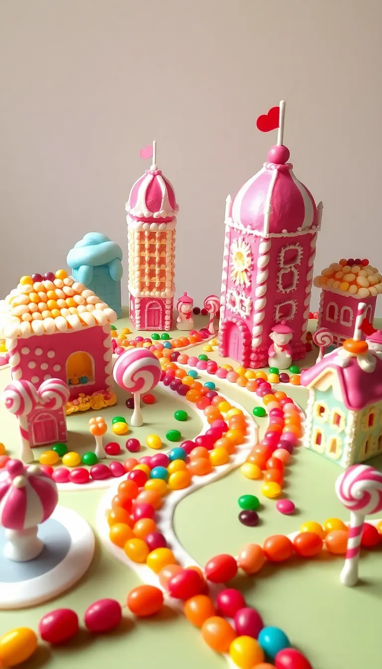 A whimsical city built entirely out of candy.