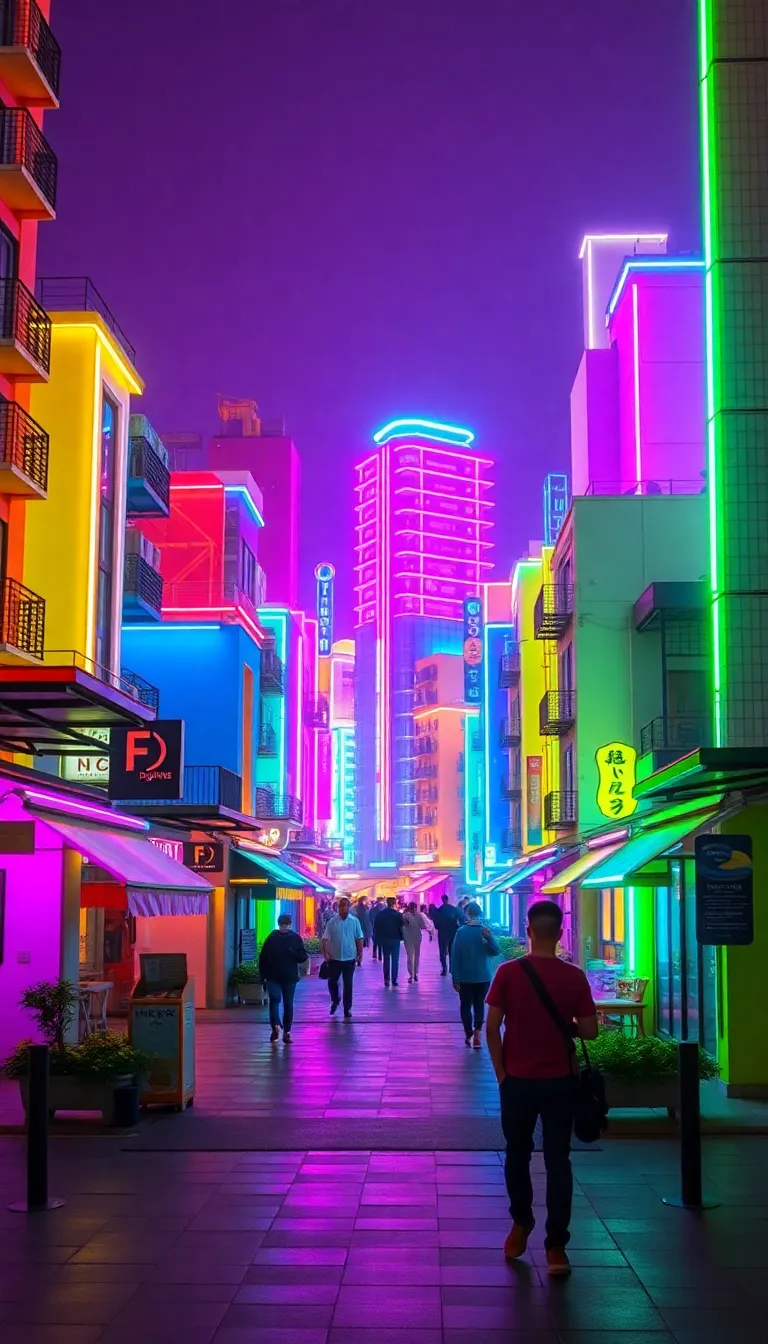 A vibrant city street illuminated by neon lights at night.