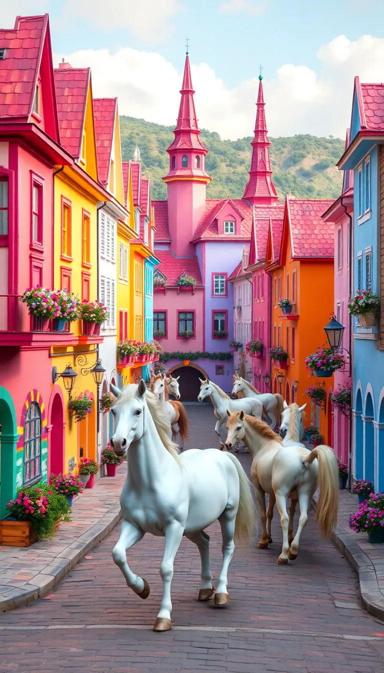 A colorful street with a whimsical twist, featuring a horse pulling a cart.