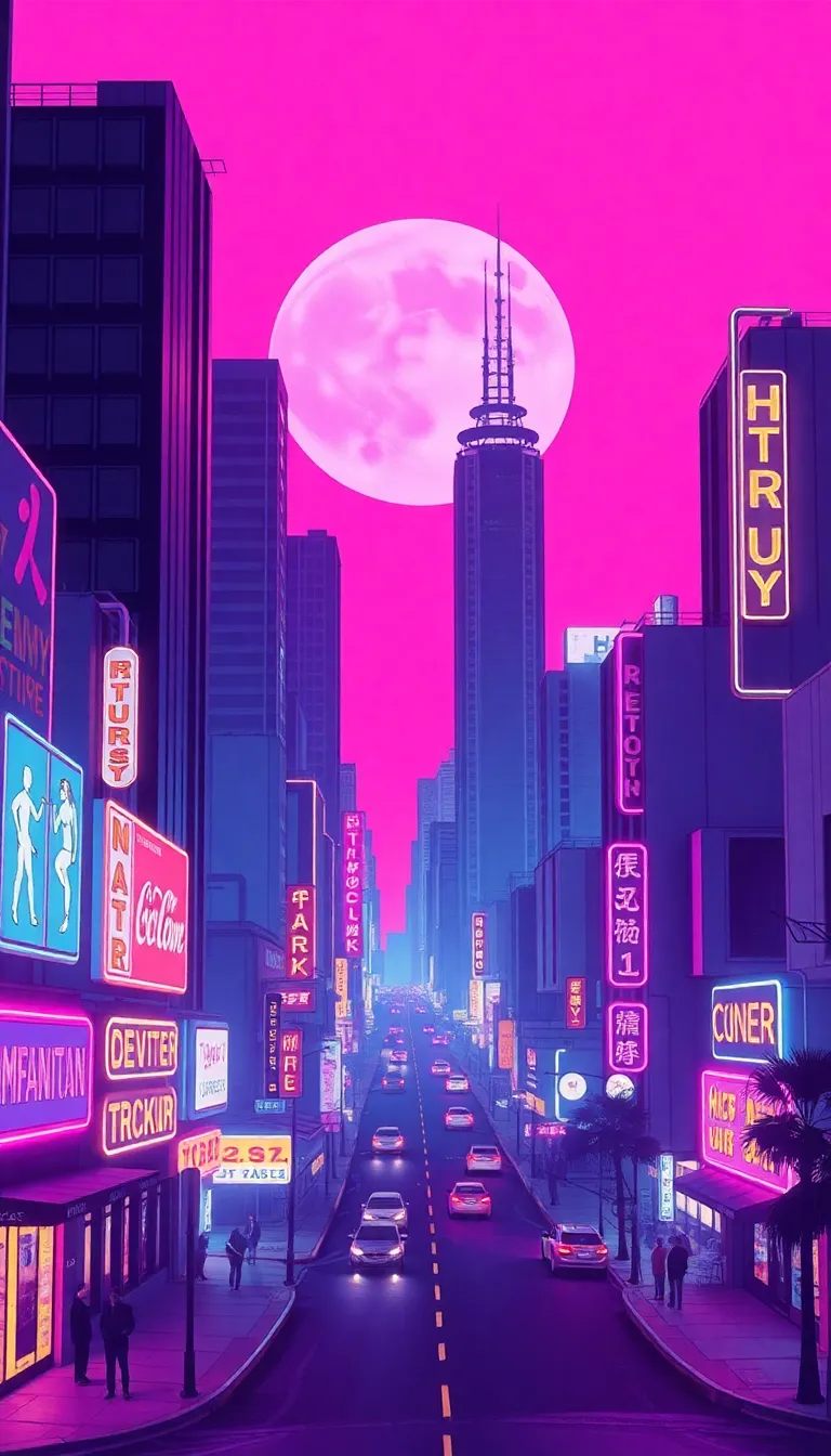 A retro-style cityscape with a large pink moon and neon lights.