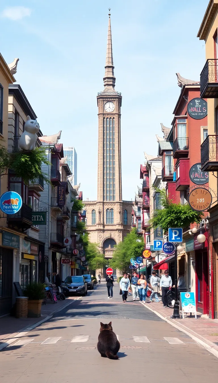 A narrow street in a European city with tall buildings and a vintage aesthetic.