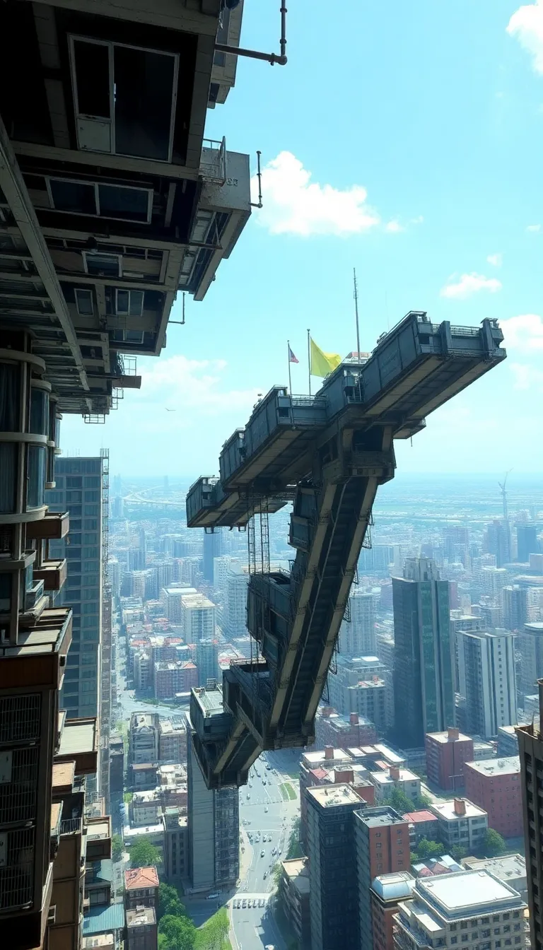 A cyberpunk-inspired scene with a person standing on a metal structure overlooking a futuristic city.