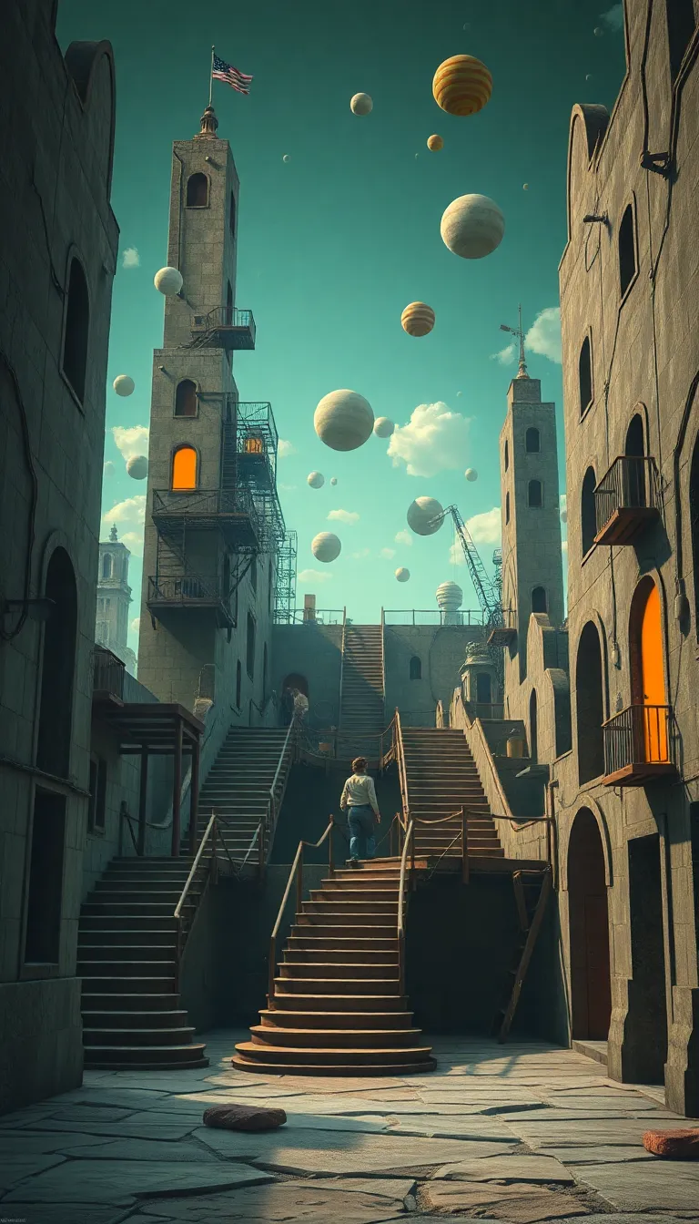 A surreal cityscape with flying airships and futuristic buildings.