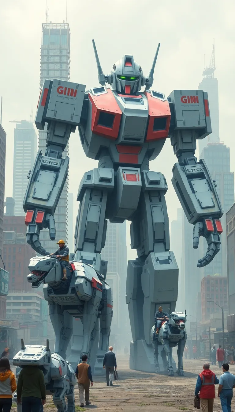 A giant robot towering over a city, with people looking up in awe.