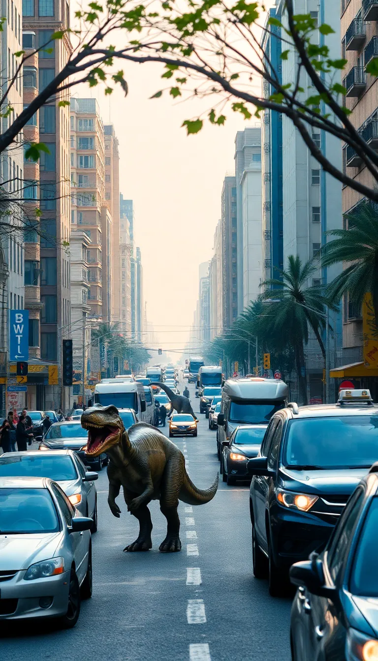 A dinosaur walking down a busy city street, with cars and pedestrians startled.