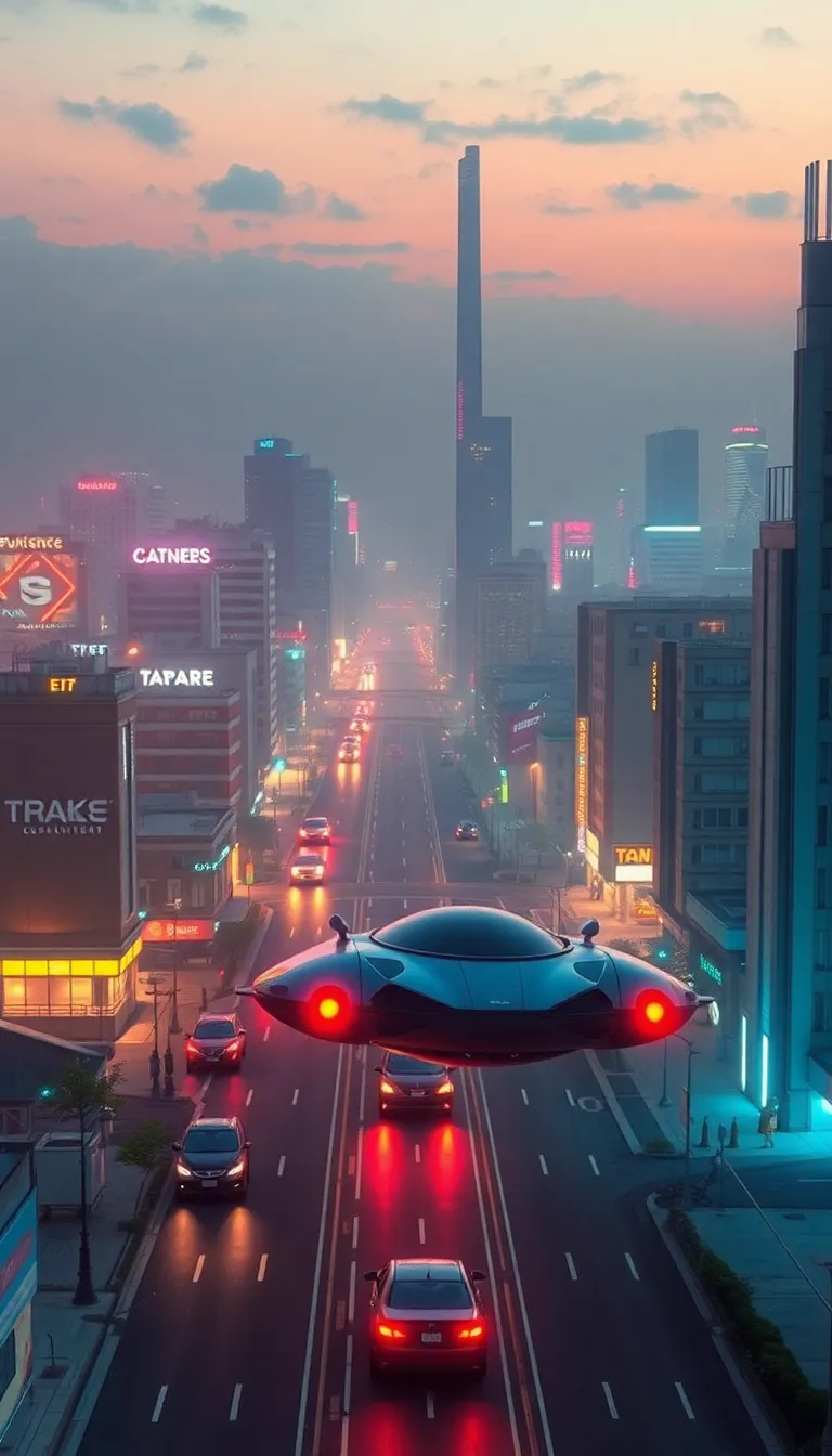 A futuristic cityscape with flying cars and a UFO hovering in the sky.