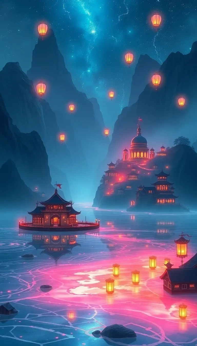 A mystical scene with a floating temple and lanterns illuminating a starry night.