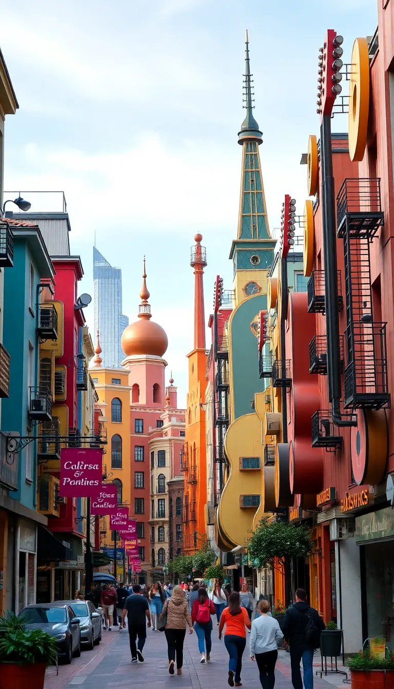 A vibrant street scene with colorful buildings and a lively atmosphere.