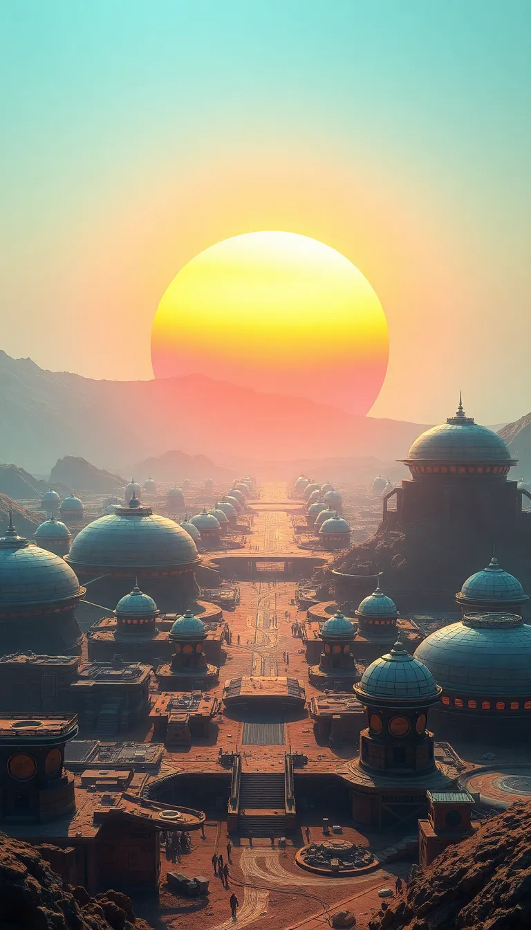 A sunrise over a mystical city with domed buildings.