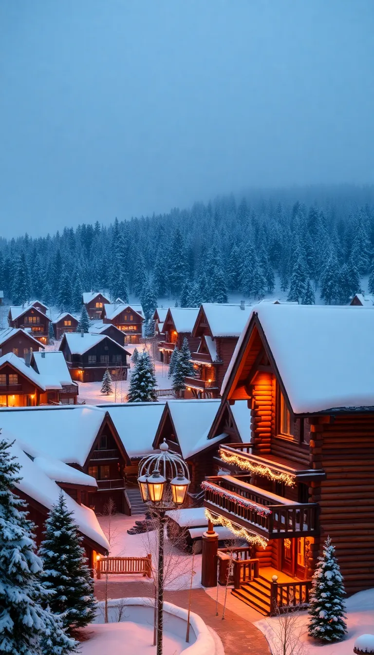 A cozy winter village nestled in a snowy landscape.