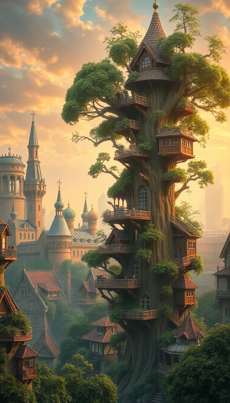 A fantasy forest with a towering treehouse and a magical glow.