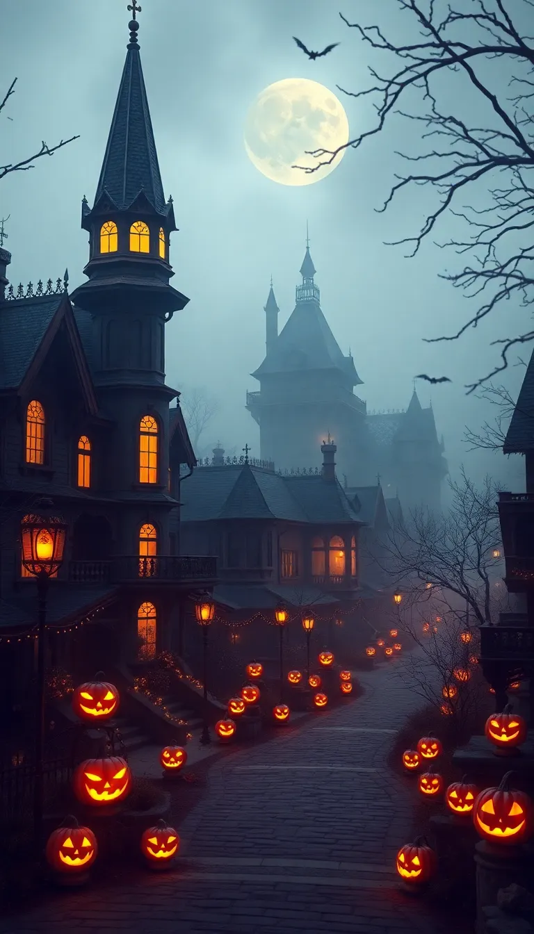 A spooky Halloween-themed street with lit-up pumpkins and a full moon.