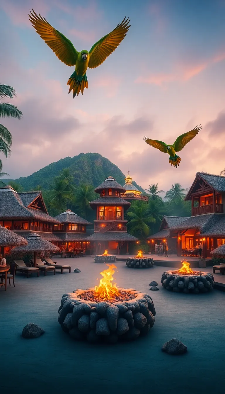 A peaceful lakeside village at dusk with a bonfire and birds flying overhead.