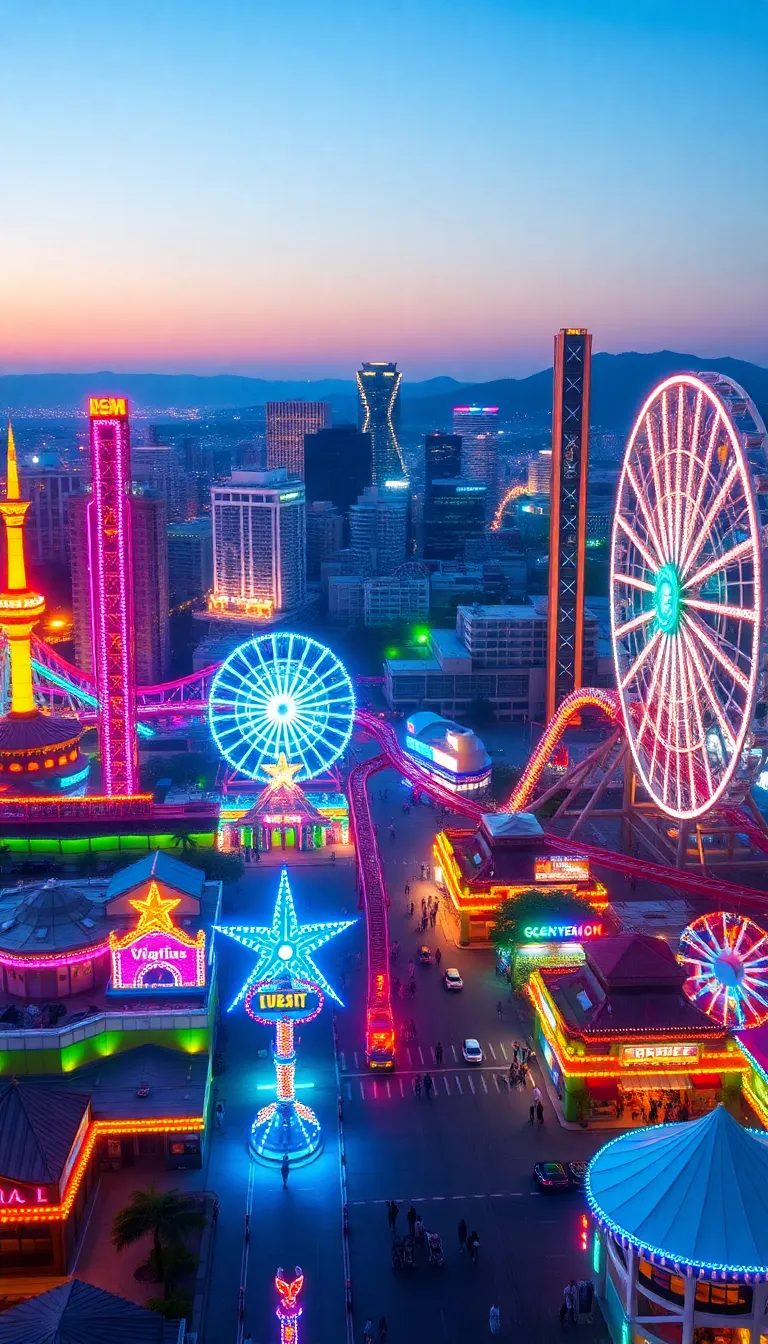 A vibrant city skyline at night with a Ferris wheel and colorful lights.