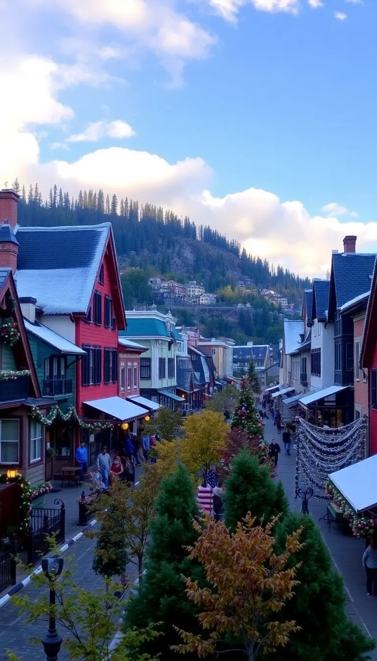 A colorful cityscape with a mountain in the background.