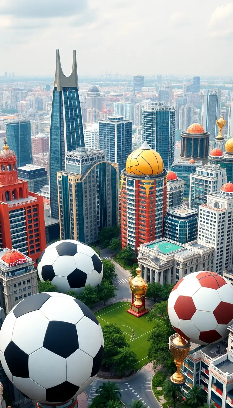 A futuristic city with soccer balls floating in the air.