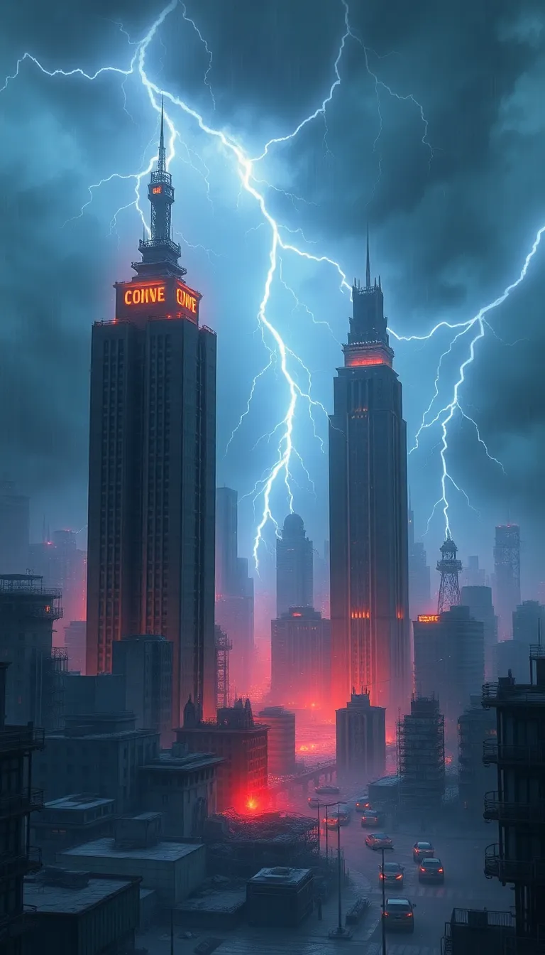 A stormy night in New York City with lightning striking the Empire State Building.